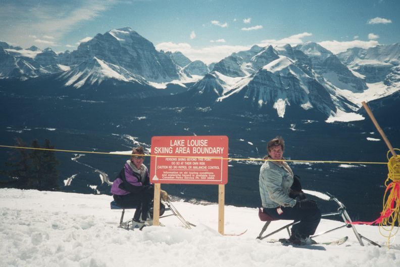 How could three ambitious adventurers resist the fresh untracked powder snow they knew lay just beyond the <br />ski area boundary?... well, they couldn't. Dann Rogers and Doug Ritchie head off into uncharted terrain. <br />The year is 1991. Photo by fellow adventurer, Mark Lux.