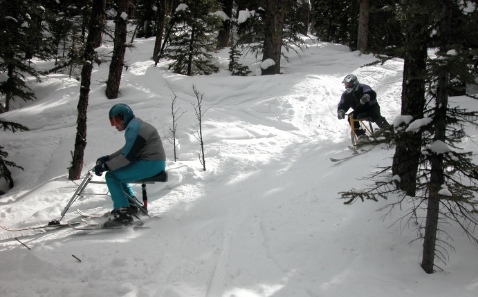 Kevan and Doug cruising through the Lookout trees. <br />Lake Louise, Alberta. April, 2003.
